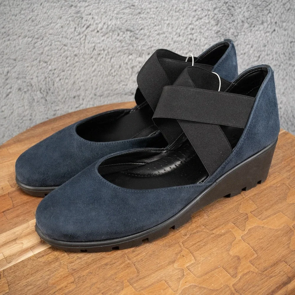 The Flexx Blue Suede Cross-Band Get Back‎ Mary Jane Wedge Shoes New Size 6